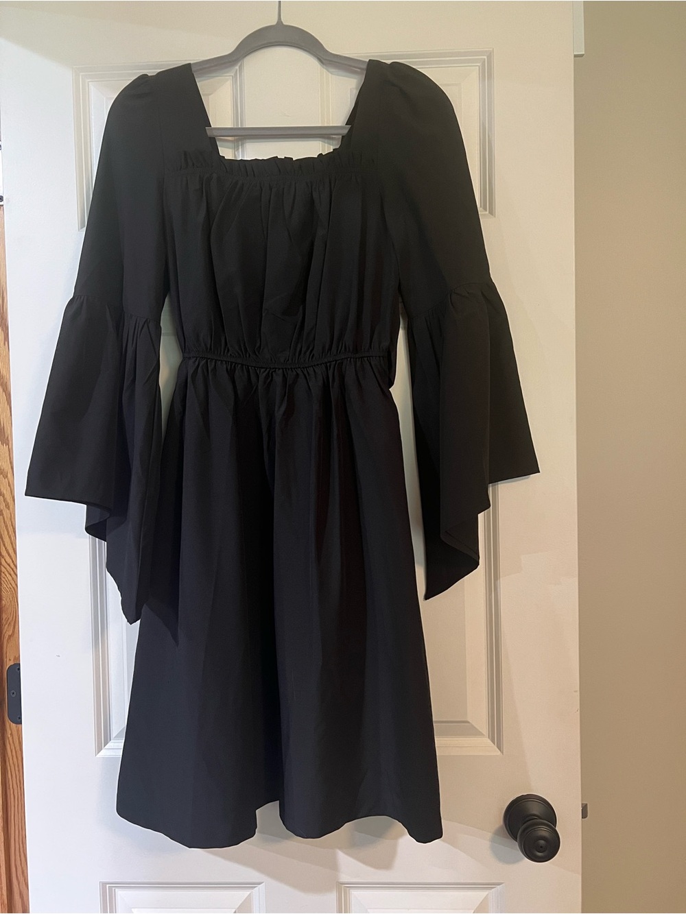 Black Square-Neck Mini Dress with Dramatic Bell Sleeves